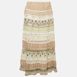 Pre Owned Sportmax Multicolor Floral Print Crochet and Cotton Tiered Maxi Skirt S