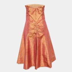 Pre Owned Sportmax Pink Check Taffeta Silk Pleated Strapless Mini Dress M