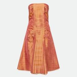 Pre Owned Sportmax Pink Check Taffeta Silk Pleated Strapless Mini Dress M