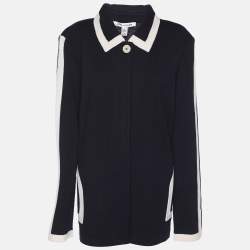 Pre Owned St. John Navy Blue/Cream Wool Rib Knit Sweater XL