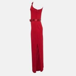 St. John Red Rib Knit Bow One Shoulder Belted Maxi Dress M