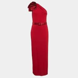 St. John Red Rib Knit Bow One Shoulder Belted Maxi Dress M