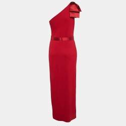 St. John Red Rib Knit Bow One Shoulder Belted Maxi Dress M