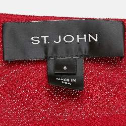 St. John Red Rib Knit Bow One Shoulder Belted Maxi Dress M