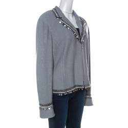 St. John Couture Grey Knit Embellished Boucle Trim Tailored Jacket XL