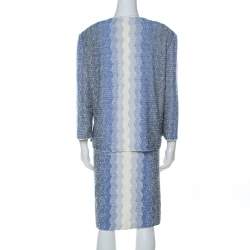 St. John Blue and White Chevron Pattern Tweed Dress and Jacket Set XL