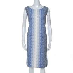 St. John Blue and White Chevron Pattern Tweed Dress and Jacket Set XL