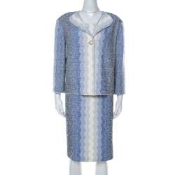 St. John Blue and White Chevron Pattern Tweed Dress and Jacket Set XL