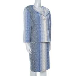 St. John Blue and White Chevron Pattern Tweed Dress and Jacket Set XL