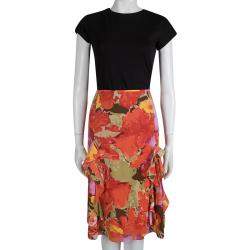 Pre Owned تنورة سانت جون حرير مورد مطبوع بكشكشة مزينة XL