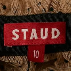 Pre Owned Staud Dark Beige Dot Printed Mesh Shirt & Skirt L