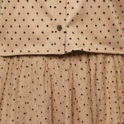 Pre Owned Staud Dark Beige Dot Printed Mesh Shirt & Skirt L