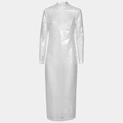 Staud White Sequin Embellished Long Sleeve Midi Dress M