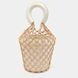 Staud White/Brown Woven and Leather Moreau Bucket Bag
