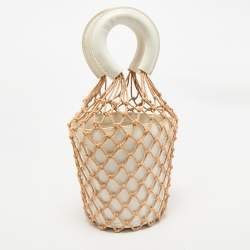 Staud White/Brown Woven and Leather Moreau Bucket Bag
