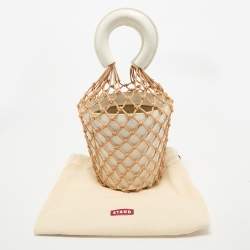 Staud White/Brown Woven and Leather Moreau Bucket Bag
