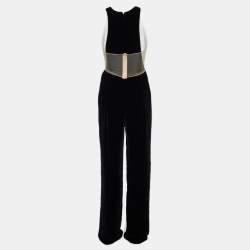 Pre Owned Stella McCartney White/Black Crepe & Velvet Cut-Out Jumpsuit M
