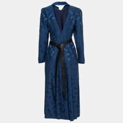 Pre Owned Stella McCartney Blue Horse Jacquard Silk Belted Maxi Dress S