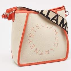 Pre Owned Stella McCartney Beige/Orange Canvas and Faux Leather Logo Crossbody Bag