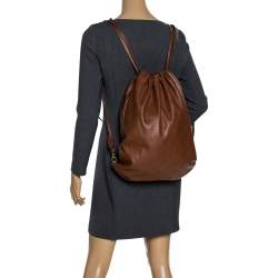 Pre Owned Stella McCartney Camel Logo Perforated Faux Leather Drawstring Backpack