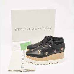 Pre Owned Stella McCartney Black Faux Leather Elyse Star Wedge Sneakers Size 37.5
