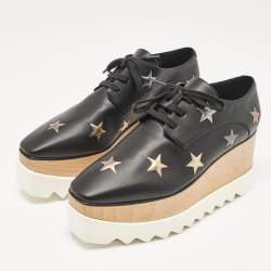 Pre Owned Stella McCartney Black Faux Leather Elyse Star Wedge Sneakers Size 37.5