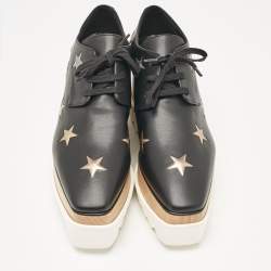 Pre Owned Stella McCartney Black Faux Leather Elyse Star Wedge Sneakers Size 37.5