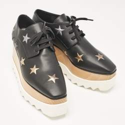 Pre Owned Stella McCartney Black Faux Leather Elyse Star Wedge Sneakers Size 37.5
