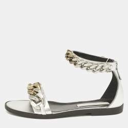 Stella McCartney Silver Faux Leather Falabella Flat Sandals Size 38