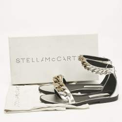 Stella McCartney Silver Faux Leather Falabella Flat Sandals Size 38
