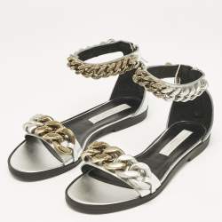 Stella McCartney Silver Faux Leather Falabella Flat Sandals Size 38