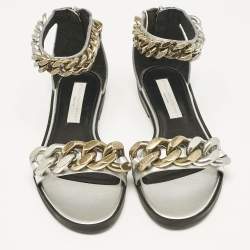 Stella McCartney Silver Faux Leather Falabella Flat Sandals Size 38