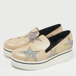 Pre Owned Stella McCartney Beige Faux Leather and Glitter Binx Star Platform Slip On Sneakers Size 39
