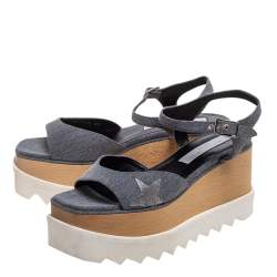 Pre Owned Stella McCartney Grey Denim Elyse Platform Ankle Strap Sandals Size 37