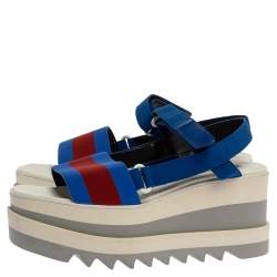 Pre Owned Stella McCartney Blue Canvas Striped Platform Ankle Strap Sandals Size 40