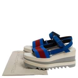 Pre Owned Stella McCartney Blue Canvas Striped Platform Ankle Strap Sandals Size 40