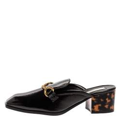 Pre Owned Stella McCartney Black Faux Patent Leather Chain Detail Block Heel Mules Size 36.5
