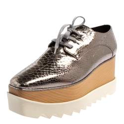 Pre Owned Stella McCartney Metallic Silver Snake Embossed Faux Leather Elyse Platform Derby Sneakers Size 39