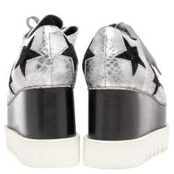 Pre Owned Stella McCartney Metallic Silver Python Effect Faux Leather And Faux Fur Elyse Star Platform Derby Size 37
