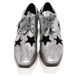 Pre Owned Stella McCartney Metallic Silver Python Effect Faux Leather And Faux Fur Elyse Star Platform Derby Size 37