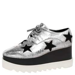 Pre Owned Stella McCartney Metallic Silver Python Effect Faux Leather And Faux Fur Elyse Star Platform Derby Size 37