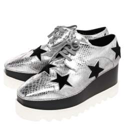 Pre Owned Stella McCartney Metallic Silver Python Effect Faux Leather And Faux Fur Elyse Star Platform Derby Size 37