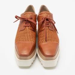 Pre Owned Stella McCartney Tan Woven Faux Leather Elyse Lace-Up Platform Derby Sneakers Size 37.5