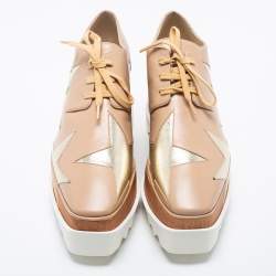 Pre Owned Stella McCartney Beige Faux Leather And Wood Elyse 80MM Platform Sneakers Size 39