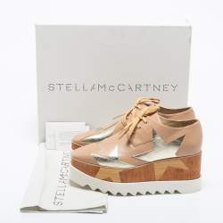 Pre Owned Stella McCartney Beige Faux Leather And Wood Elyse 80MM Platform Sneakers Size 39