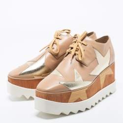 Pre Owned Stella McCartney Beige Faux Leather And Wood Elyse 80MM Platform Sneakers Size 39