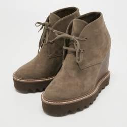 Pre Owned Stella McCartney Olive Green Faux Suede Leana Wedge Boots Size 37