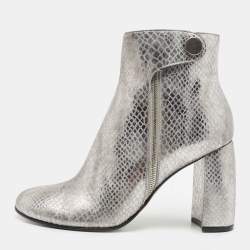Stella McCartney Metallic Silver Python Embossed Faux Leather Ankle Boots Size 40