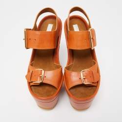 Pre Owned Stella McCartney Brown Faux Leather Block Heel Platform Sandals Size 38
