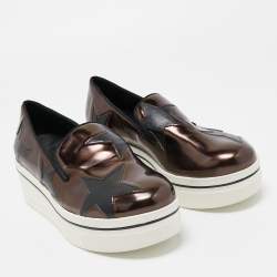 Pre Owned Stella McCartney Metallic Brown/Black Faux Leather Binx Star Platform Slip On Sneakers Size 37